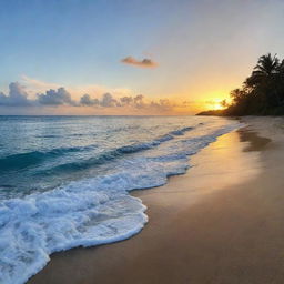 A serene, deep-blue ocean view with a sliver of golden sandy beach under a tropical sunset sky.