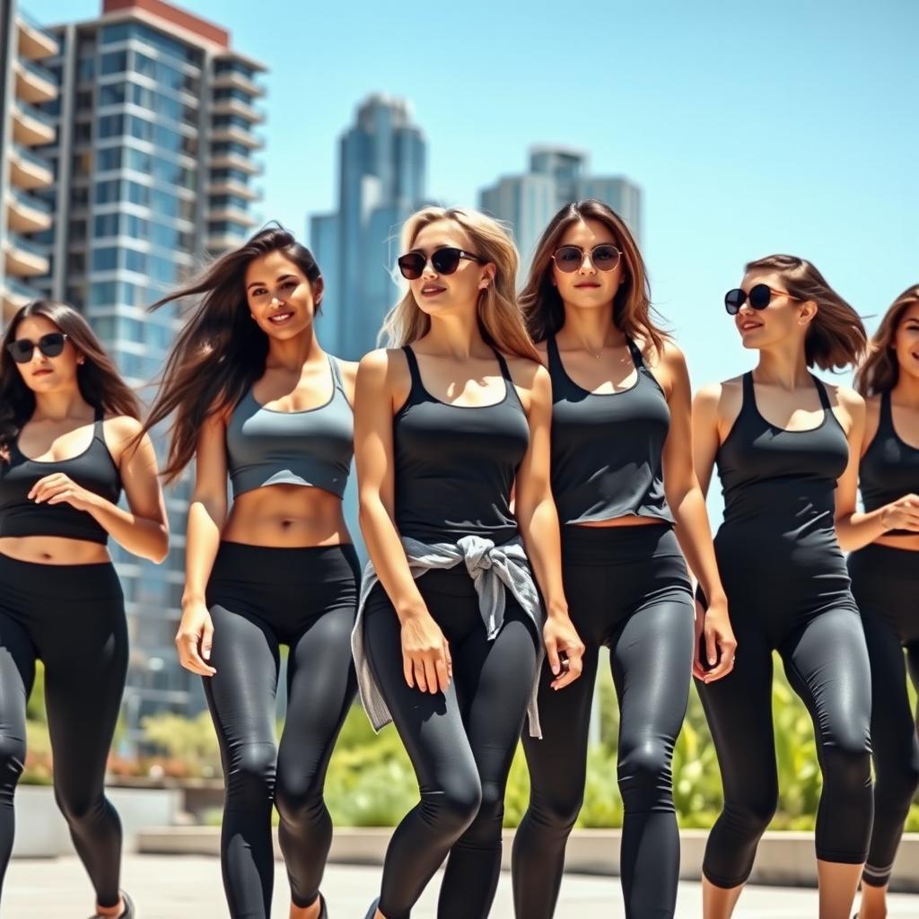 A group of stylish young women, dressed in form-fitting black leggings and sleek tank tops, confidently walking together in an urban environment