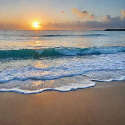 A serene, deep-blue ocean view with a sliver of golden sandy beach under a tropical sunset sky.