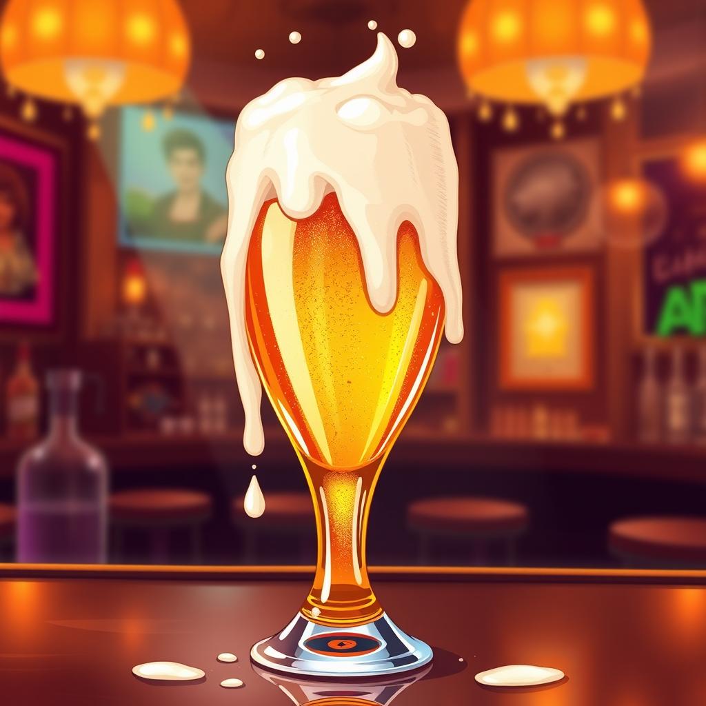 A creatively provocative illustration of a beer glass filled with golden beer, showcasing frothy foam that playfully drips down the sides, designed to resemble an excited female anatomy