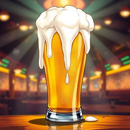 A creatively provocative illustration of a beer glass filled with golden beer, showcasing frothy foam that playfully drips down the sides, designed to resemble an excited female anatomy