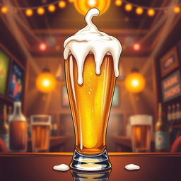 A creatively provocative illustration of a beer glass filled with golden beer, showcasing frothy foam that playfully drips down the sides, designed to resemble an excited female anatomy