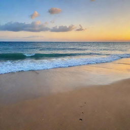 A serene, deep-blue ocean view with a sliver of golden sandy beach under a tropical sunset sky.