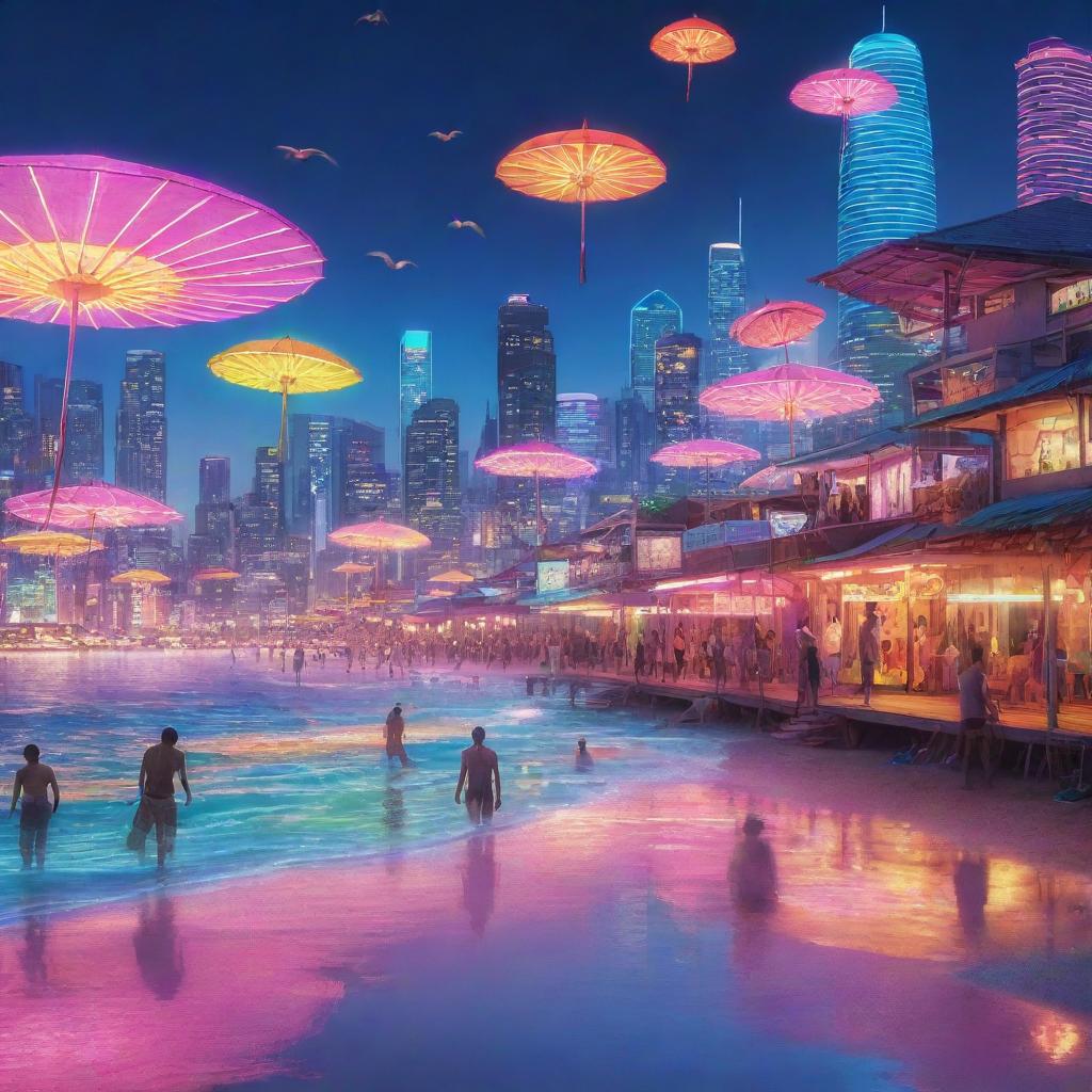 A crowded cyberpunk beach: augmented reality-clad beachgoers under neon-lit parasols, high-tech hover surfboards gliding over the neon-colored sea, cybernetic seagulls overhead, and a glistening cityscape casting vibrant reflections off glass-plated beach huts in the background.