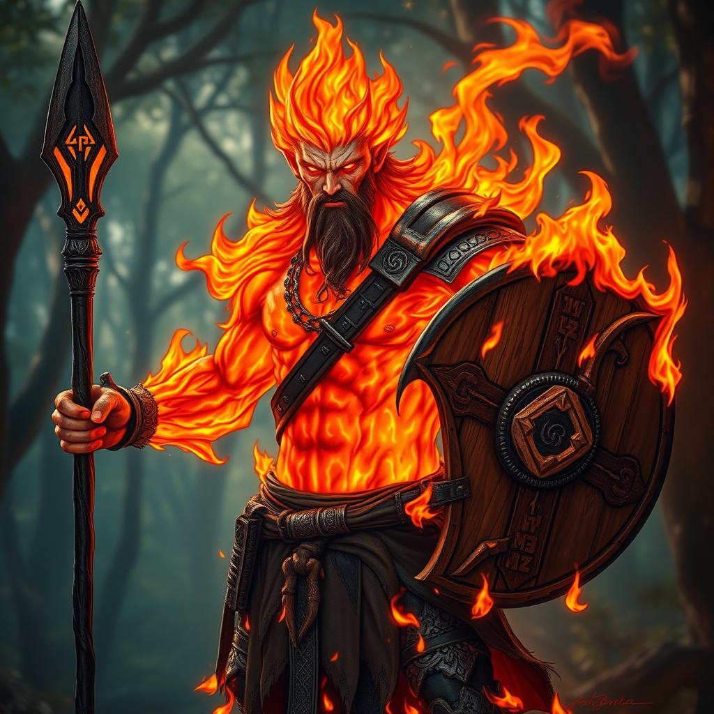 A male humanoid fire elemental druid with a body composed of vibrant, flickering flames, showcasing a spectrum of fiery reds, oranges, and yellows