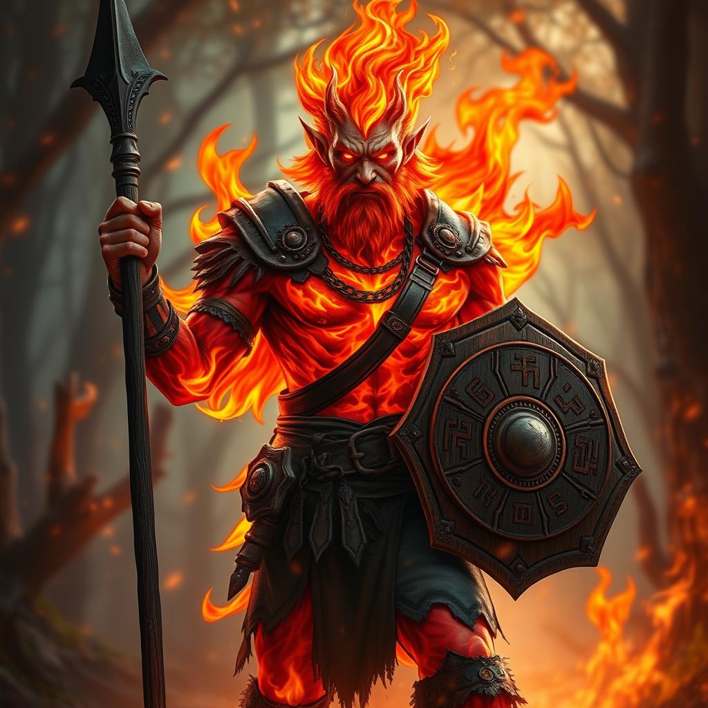 A male humanoid fire elemental druid with a body composed of vibrant, flickering flames, showcasing a spectrum of fiery reds, oranges, and yellows