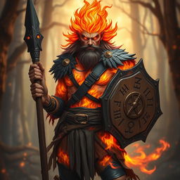 A male humanoid fire elemental druid with a body composed of vibrant, flickering flames, showcasing a spectrum of fiery reds, oranges, and yellows