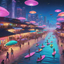 A crowded cyberpunk beach: augmented reality-clad beachgoers under neon-lit parasols, high-tech hover surfboards gliding over the neon-colored sea, cybernetic seagulls overhead, and a glistening cityscape casting vibrant reflections off glass-plated beach huts in the background.