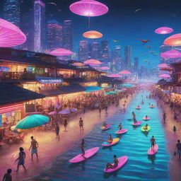 A crowded cyberpunk beach: augmented reality-clad beachgoers under neon-lit parasols, high-tech hover surfboards gliding over the neon-colored sea, cybernetic seagulls overhead, and a glistening cityscape casting vibrant reflections off glass-plated beach huts in the background.