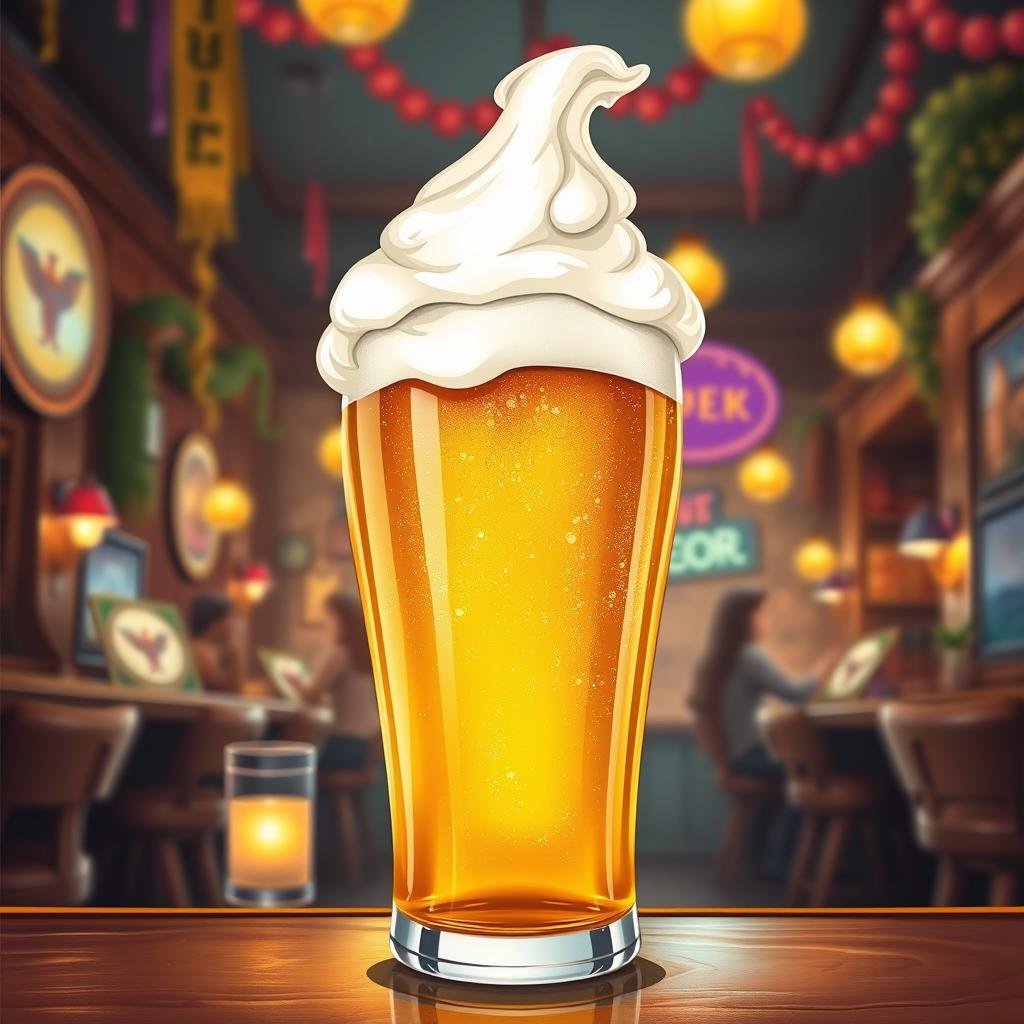 A creatively provocative illustration of a beer glass filled with golden beer, topped with frothy foam that artistically resembles an excited female anatomy