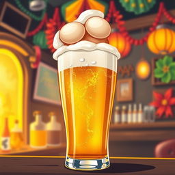 A creatively provocative illustration of a beer glass filled with golden beer, topped with frothy foam that artistically resembles an excited female anatomy