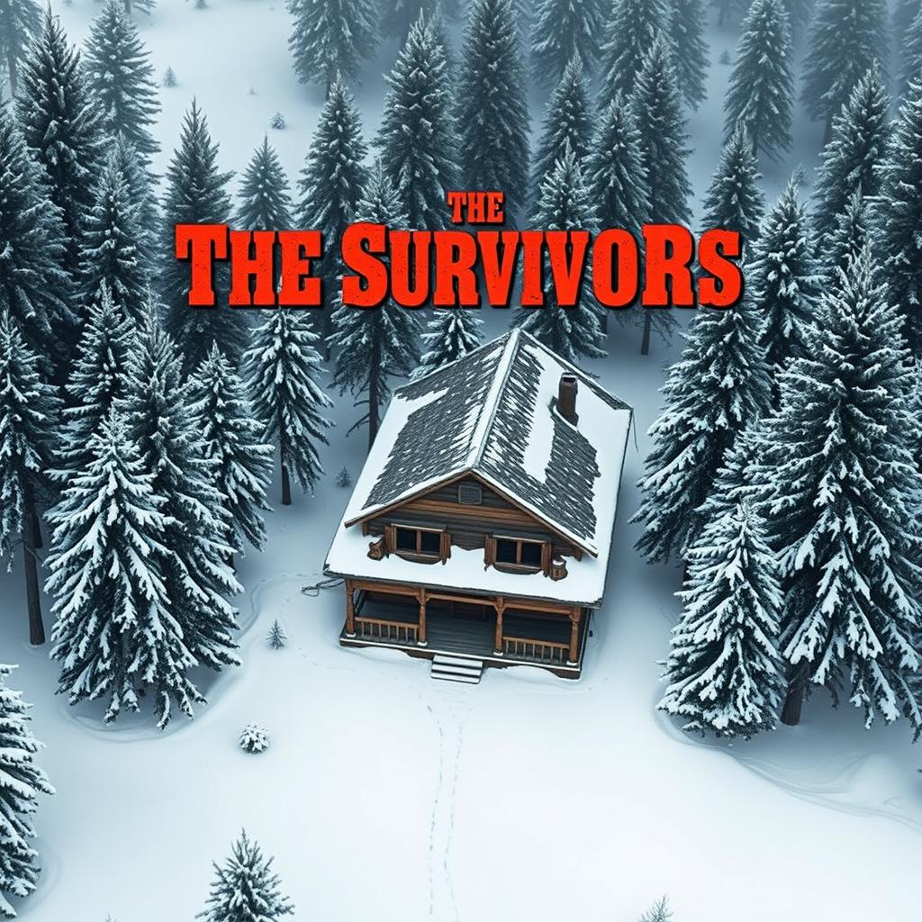 A spaghetti western inspired movie poster featuring an aerial shot of a Wild West era cabin nestled in an evergreen snowy forest