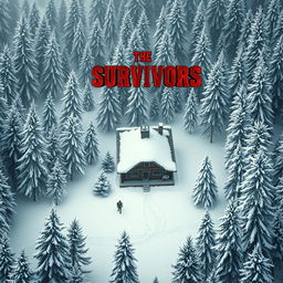 A spaghetti western inspired movie poster featuring an aerial shot of a Wild West era cabin nestled in an evergreen snowy forest