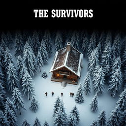 A spaghetti western inspired movie poster featuring an aerial shot of a Wild West era cabin nestled in an evergreen snowy forest