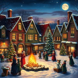 A cozy winter scene depicting a quaint village square during Christmas time, with snow gently falling, beautifully decorated Christmas trees, and colorful lights strung across charming old buildings