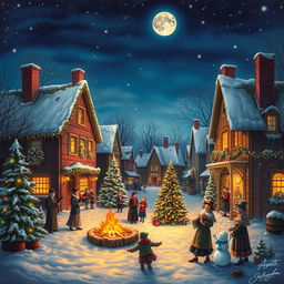 A cozy winter scene depicting a quaint village square during Christmas time, with snow gently falling, beautifully decorated Christmas trees, and colorful lights strung across charming old buildings