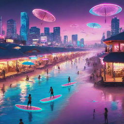 A crowded cyberpunk beach: augmented reality-clad beachgoers under neon-lit parasols, high-tech hover surfboards gliding over the neon-colored sea, cybernetic seagulls overhead, and a glistening cityscape casting vibrant reflections off glass-plated beach huts in the background.