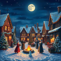 A cozy winter scene depicting a quaint village square during Christmas time, with snow gently falling, beautifully decorated Christmas trees, and colorful lights strung across charming old buildings