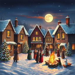 A cozy winter scene depicting a quaint village square during Christmas time, with snow gently falling, beautifully decorated Christmas trees, and colorful lights strung across charming old buildings