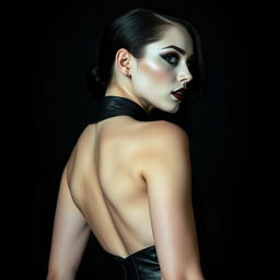 A gothic-inspired sexy woman with smooth white skin and striking black makeup, exuding an aura of power and seduction