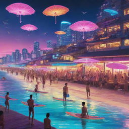 A crowded cyberpunk beach: augmented reality-clad beachgoers under neon-lit parasols, high-tech hover surfboards gliding over the neon-colored sea, cybernetic seagulls overhead, and a glistening cityscape casting vibrant reflections off glass-plated beach huts in the background.