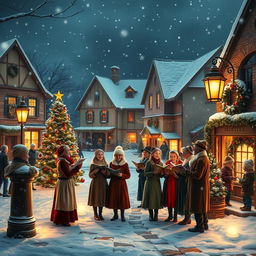 A festive scene inspired by classic Christmas carols, featuring a snowy village square illuminated with twinkling lights