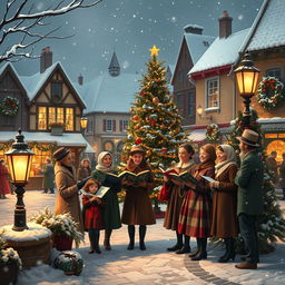 A festive scene inspired by classic Christmas carols, featuring a snowy village square illuminated with twinkling lights