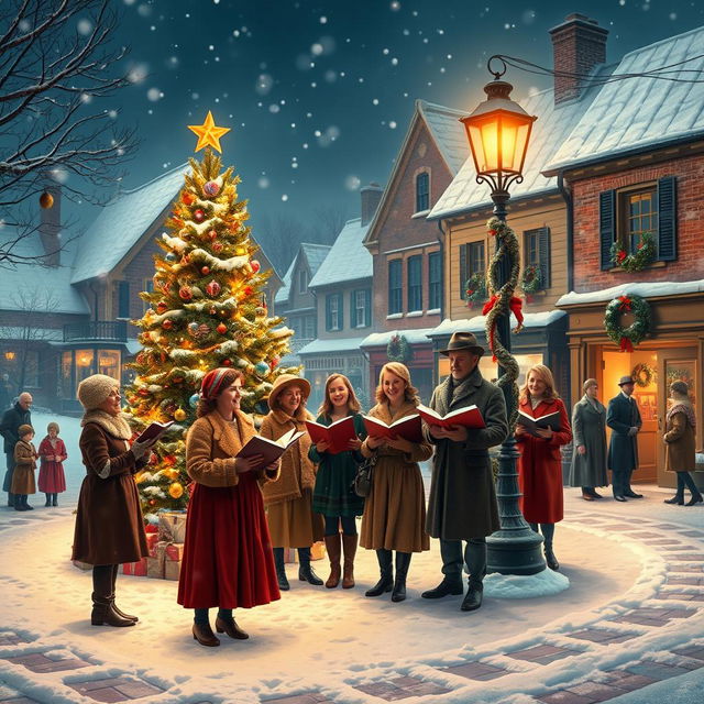 A festive scene inspired by classic Christmas carols, featuring a snowy village square illuminated with twinkling lights