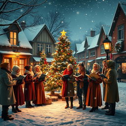 A festive scene inspired by classic Christmas carols, featuring a snowy village square illuminated with twinkling lights