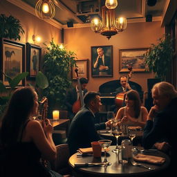 A romantic NYC date night scene inside a jazz restaurant, featuring a cozy ambiance with dim lighting and elegant decor