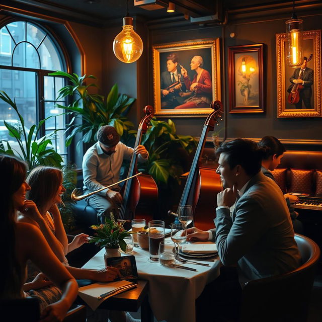 A romantic NYC date night scene inside a jazz restaurant, featuring a cozy ambiance with dim lighting and elegant decor