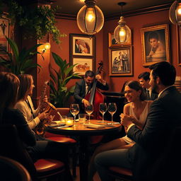 A romantic NYC date night scene inside a jazz restaurant, featuring a cozy ambiance with dim lighting and elegant decor