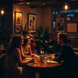 A romantic NYC date night scene inside a jazz restaurant, featuring a cozy ambiance with dim lighting and elegant decor