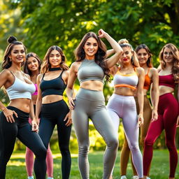 A stunning scene featuring attractive women in fashionable, form-fitting leggings