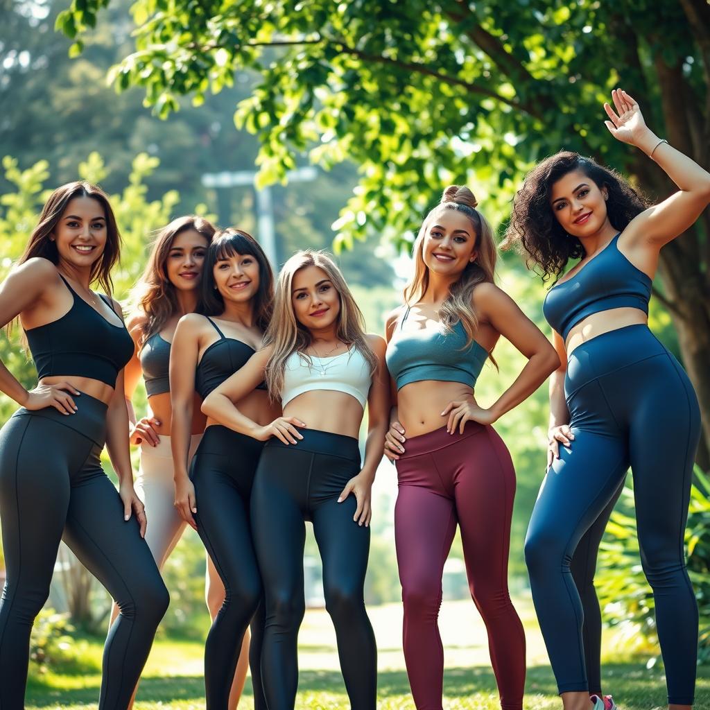 A stunning scene featuring attractive women in fashionable, form-fitting leggings