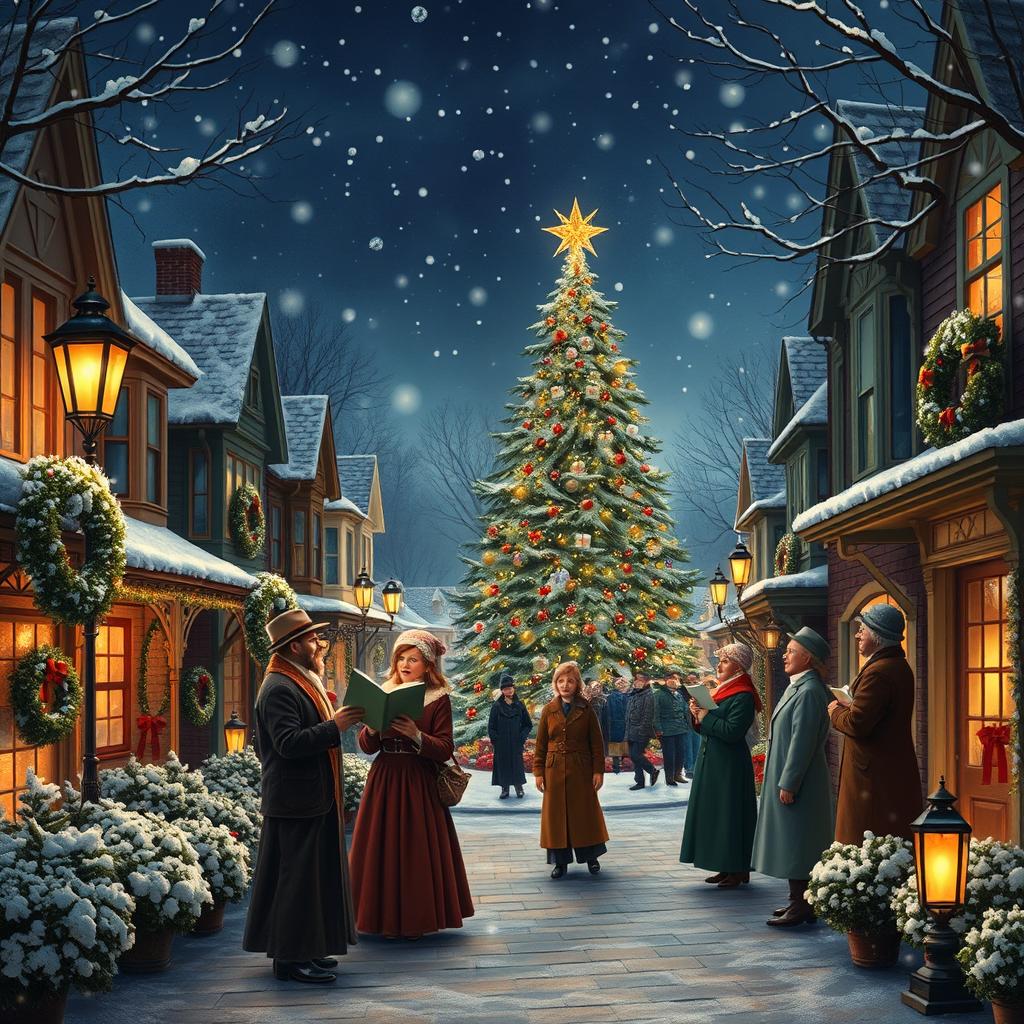 A cozy winter scene depicting a charming Victorian street filled with festive decorations and cheerful carolers in elegant period attire, singing joyful Christmas songs