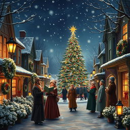 A cozy winter scene depicting a charming Victorian street filled with festive decorations and cheerful carolers in elegant period attire, singing joyful Christmas songs