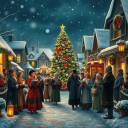 A cozy winter scene depicting a charming Victorian street filled with festive decorations and cheerful carolers in elegant period attire, singing joyful Christmas songs