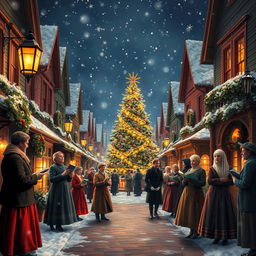 A cozy winter scene depicting a charming Victorian street filled with festive decorations and cheerful carolers in elegant period attire, singing joyful Christmas songs