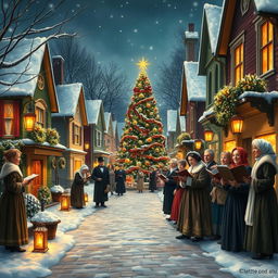 A cozy winter scene depicting a charming Victorian street filled with festive decorations and cheerful carolers in elegant period attire, singing joyful Christmas songs