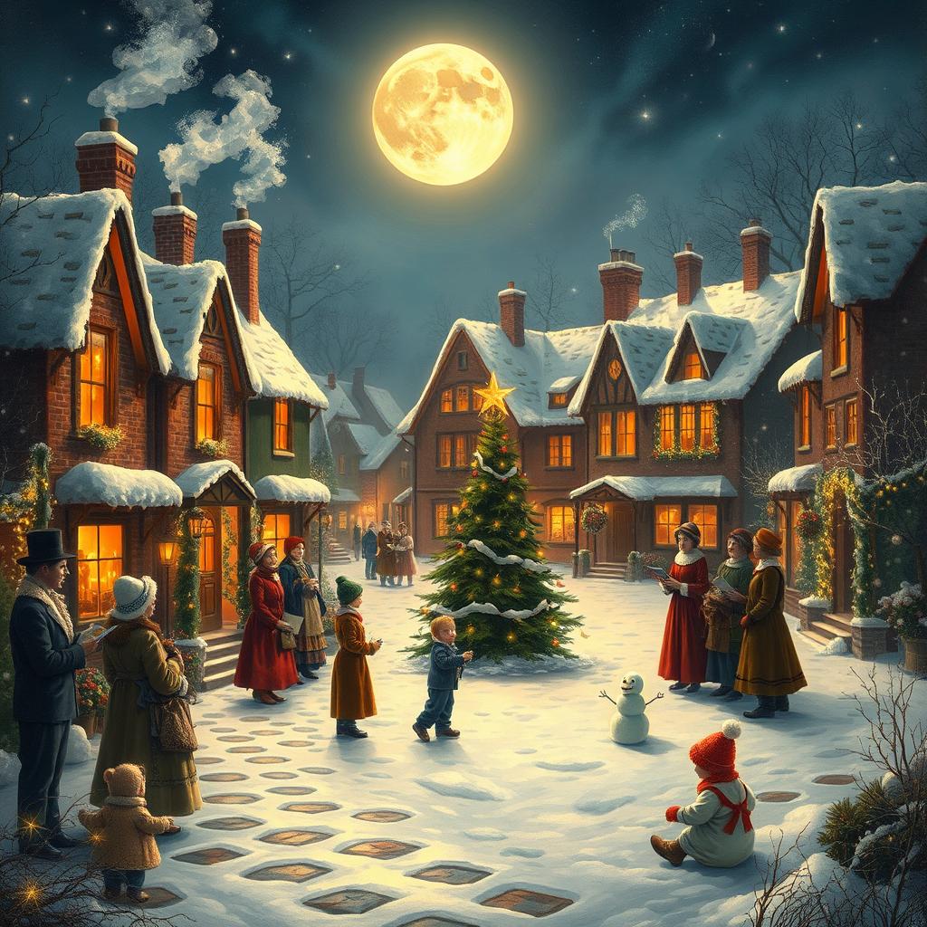 A cozy, winter scene depicting a traditional Christmas carol celebration in a snowy village