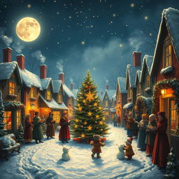 A cozy, winter scene depicting a traditional Christmas carol celebration in a snowy village