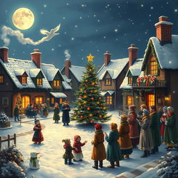 A cozy, winter scene depicting a traditional Christmas carol celebration in a snowy village