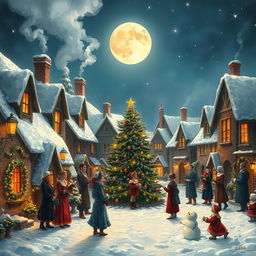 A cozy, winter scene depicting a traditional Christmas carol celebration in a snowy village