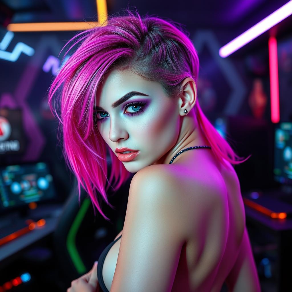 A sexy gamer girl with vibrant pink and purple hairstyle, showcasing her playful and edgy style