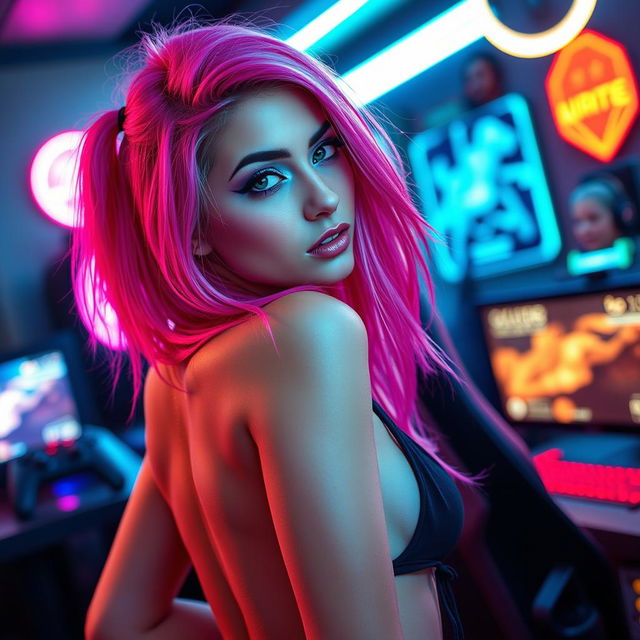 A sexy gamer girl with vibrant pink and purple hairstyle, showcasing her playful and edgy style