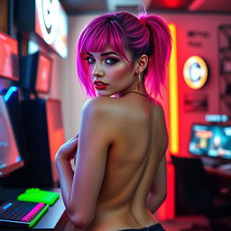 A sexy gamer girl with vibrant pink and purple hairstyle, showcasing her playful and edgy style