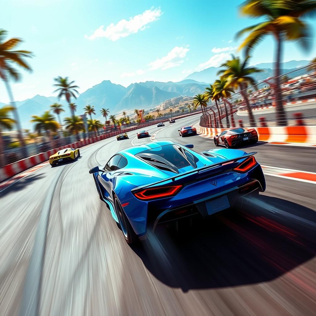 A dynamic scene from an intense car racing game, showcasing a sleek, high-performance sports car zipping through a race track with a blurred background, emphasizing speed