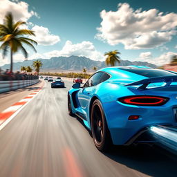 A dynamic scene from an intense car racing game, showcasing a sleek, high-performance sports car zipping through a race track with a blurred background, emphasizing speed