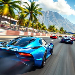 A dynamic scene from an intense car racing game, showcasing a sleek, high-performance sports car zipping through a race track with a blurred background, emphasizing speed